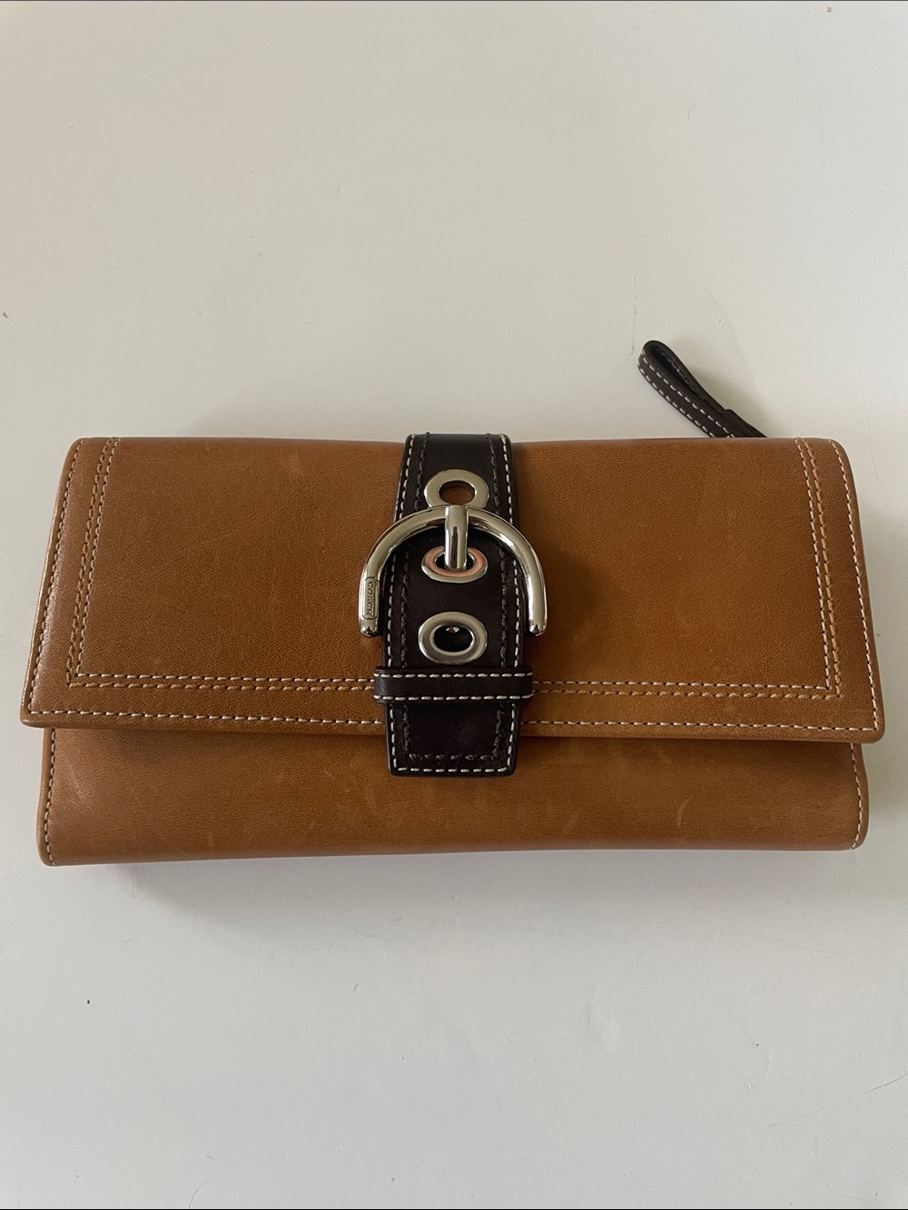 Coach Tan and Dark Brown Leather Buckle Continental Wallet
